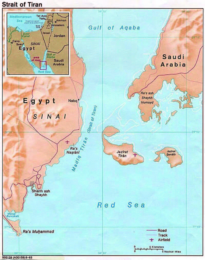 Tiran and Sanafir islands in the Strait of Tiran: Tiran Island is strategically important in the region because it forms the narrowest part of the Strait of Tiran, an important sea route to the main ports of Aqaba in Jordan and Eilat in Israel (Wikipedia)