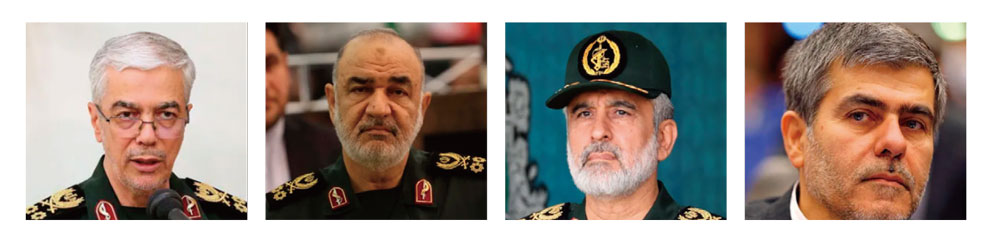 左から）モハマド・ハゲリ軍参謀長、ホセイン・サラミイラン革命防衛隊（IRGC）の最高司令官、アミール・アリ・ハジザデIRGC の航空宇宙軍司令官、フェレイドゥーン・アッバシ核科学者（写真は2025.6.14 BBC NEWS より）