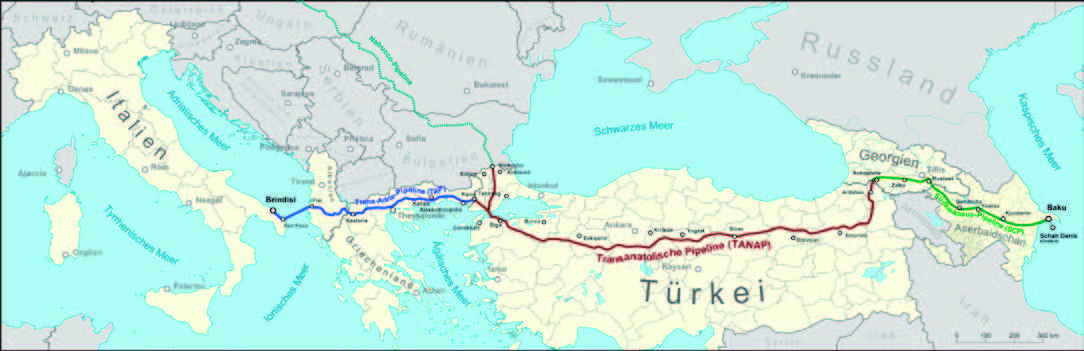 「南ガス回廊」アゼルバイジャンートルコーギリシャーイタリアを結ぶ（ウィキペディアコモンズ）